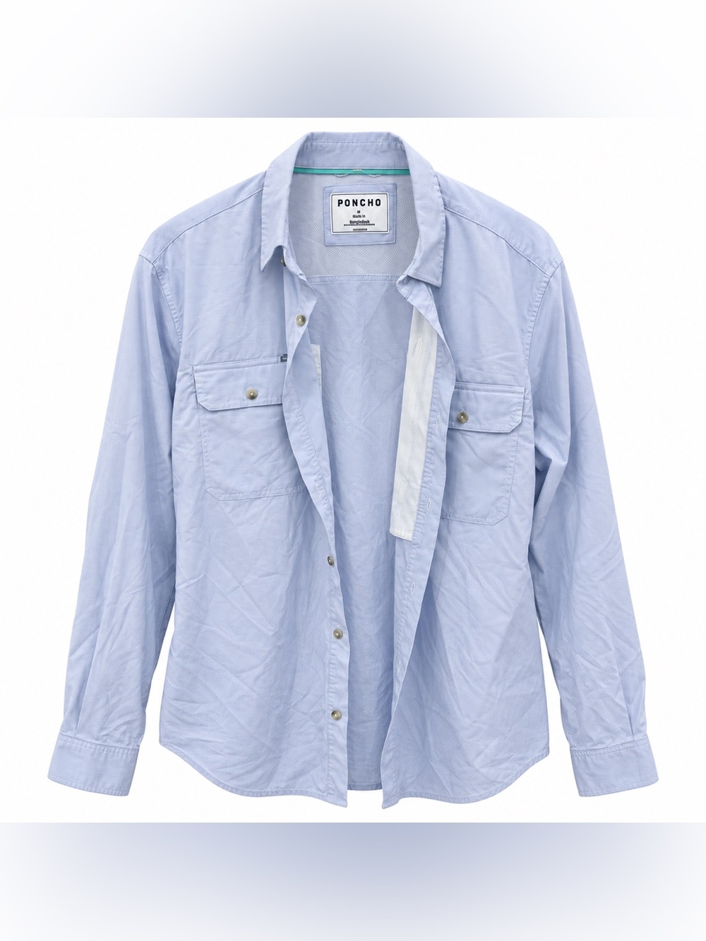 Poncho Outdoors Mens L Slim Fit Fishing Shirt Blue Check Long Sleeve Magnetic